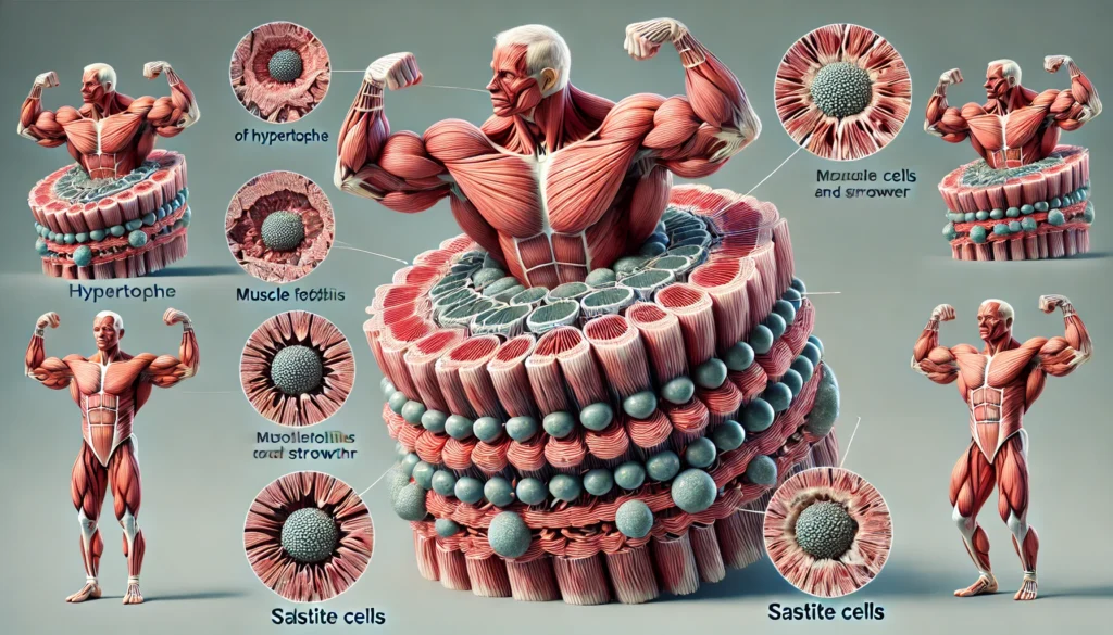 A high-resolution depiction of muscle cells growing denser with myofibrils, assisted by satellite cells.