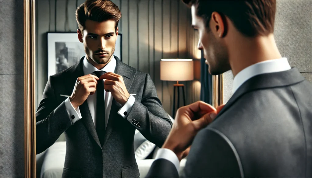 A well-dressed man in a tailored suit tying a perfect Windsor knot in front of a mirror, exuding confidence and sophistication. The modern, stylish interior emphasizes the importance of grooming and self-care.