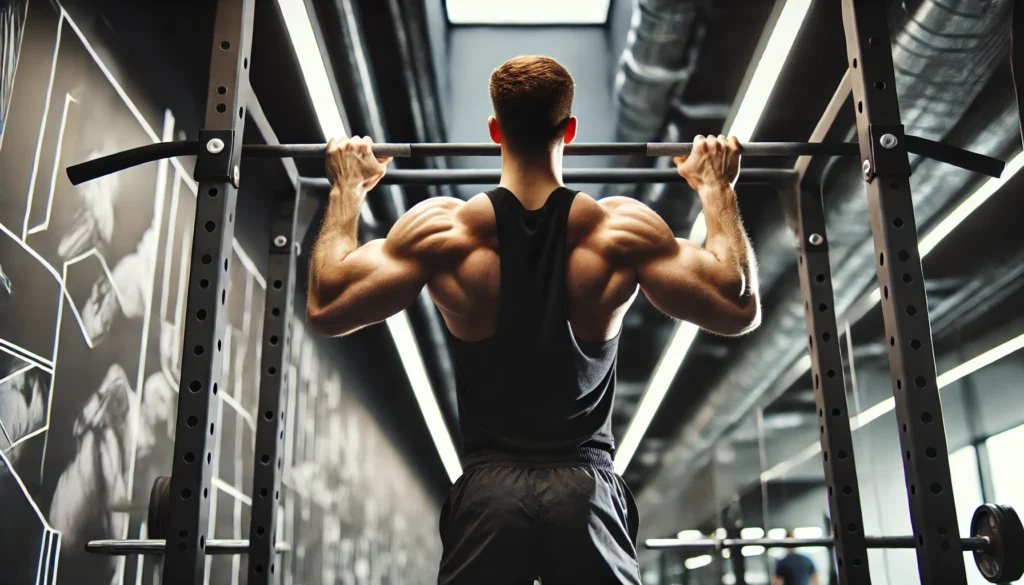 A fit, muscular man executing pull-ups on a sturdy gym bar, emphasizing his sculpted back and arm muscles in a sleek workout environment.