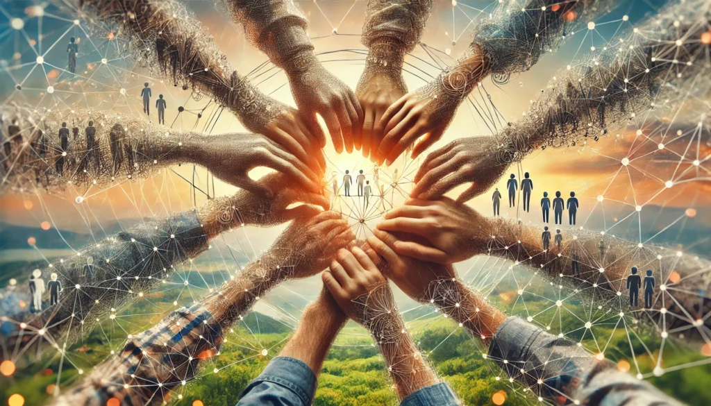 "An intricate network of interlocking hands from diverse individuals against a serene landscape, representing teamwork, unity, and relationship-building."