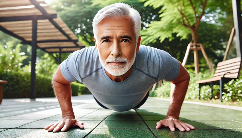 A senior man performing push-ups in a sunlit park, looking focused and strong. The lush greenery in the background emphasizes endurance, outdoor fitness, and healthy aging.