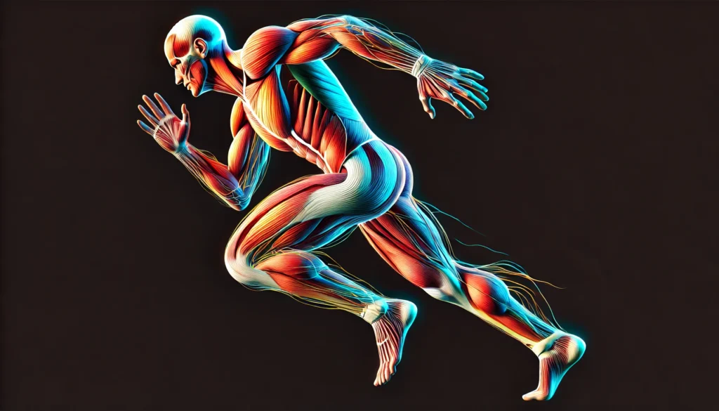 A scientifically accurate illustration displaying muscle groups activating during a run, using color gradients to indicate engagement levels.