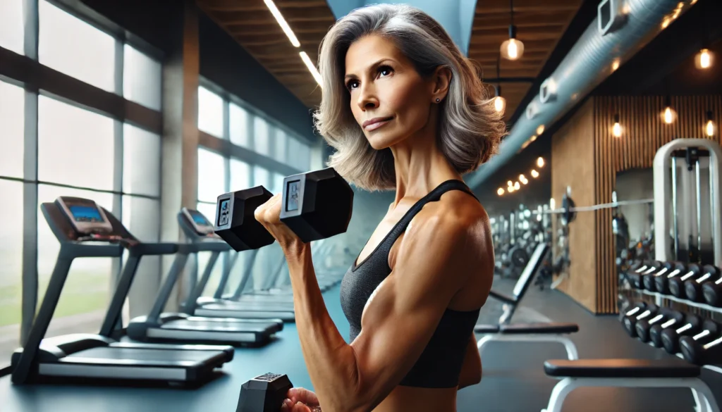 A strong, confident woman in her 40s performing a strength training exercise with dumbbells in a modern, well-lit gym, emphasizing the importance of muscle-building for sustainable weight loss and metabolic health.