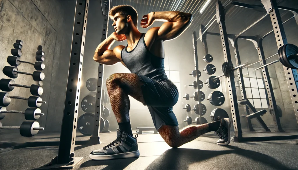 An athlete in a gym performing dynamic stretches, engaging in a warm-up routine before weight training."