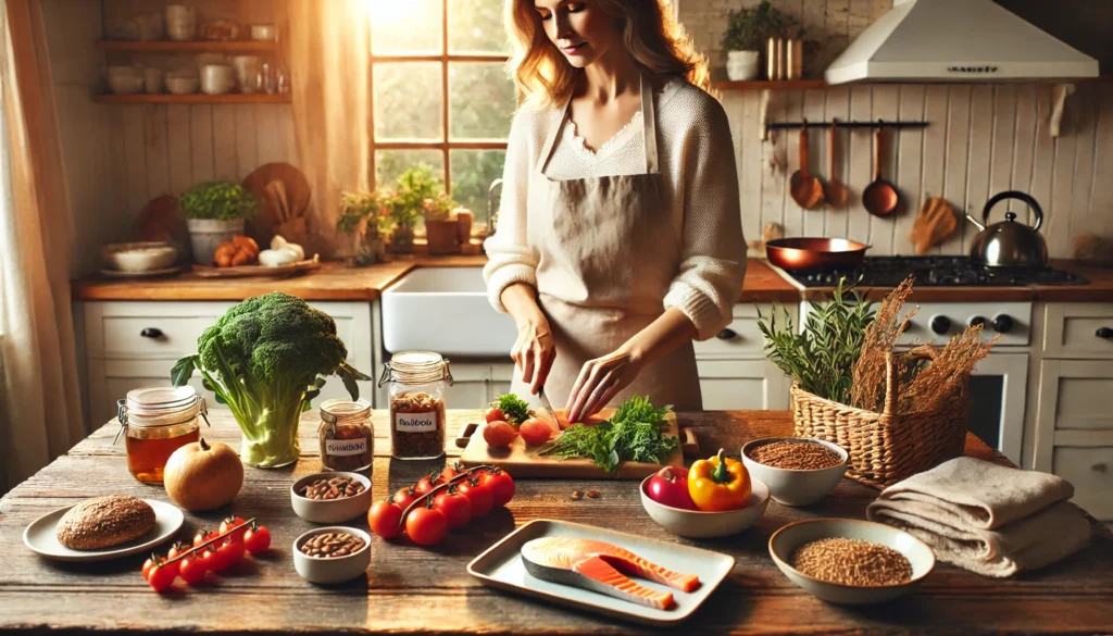 A warm kitchen setting where a middle-aged woman prepares a healthy meal with fresh vegetables, salmon, and whole grains. The natural light and peaceful atmosphere highlight nutrition, wellness, and balance during menopause.