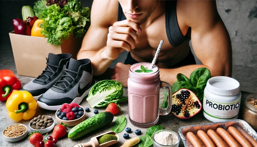 A close-up of a male athlete drinking a probiotic smoothie, with workout gear and fresh ingredients, emphasizing recovery and performance.