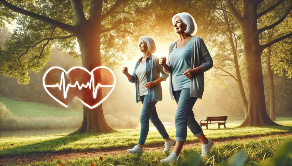 A peaceful outdoor walking scene with two mature women brisk walking through a scenic park. The image highlights cardiovascular health and the importance of low-impact exercise during menopause.