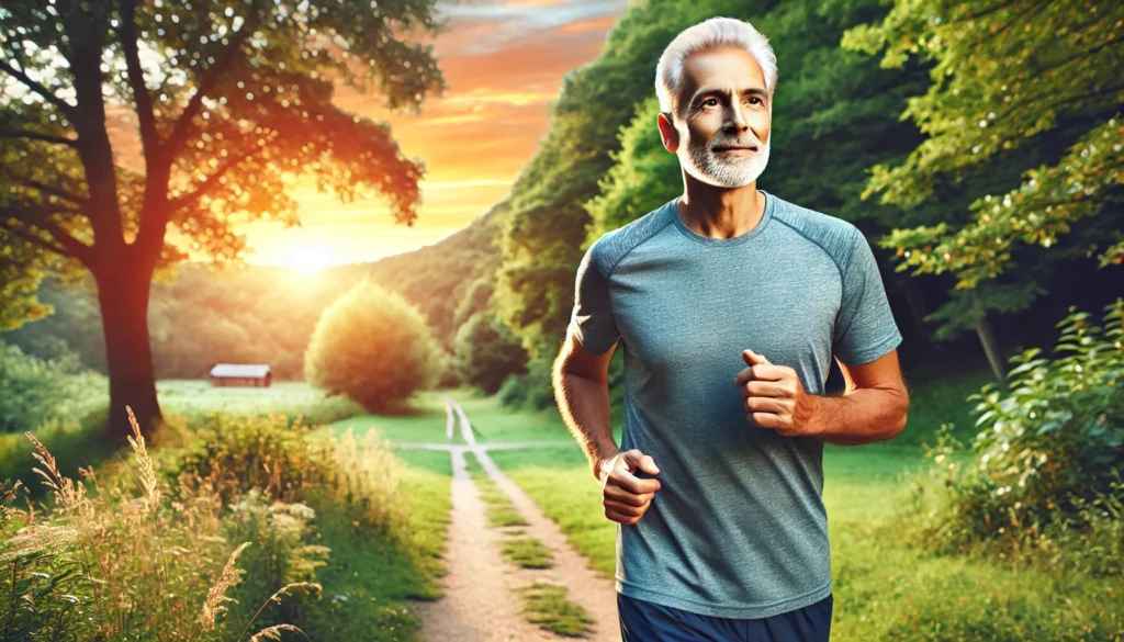 A senior man jogging on a scenic park trail at sunrise, radiating energy and vitality, representing the positive effects of proper nutrition and multivitamin supplementation for men over 60.