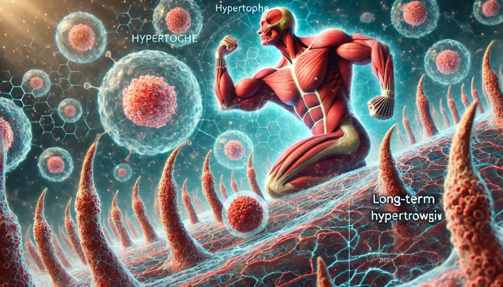 A scientific depiction of muscle fibers adapting and growing over time, illustrating hypertrophy with microscopic close-ups. The image represents the long-term biological process of muscle development.