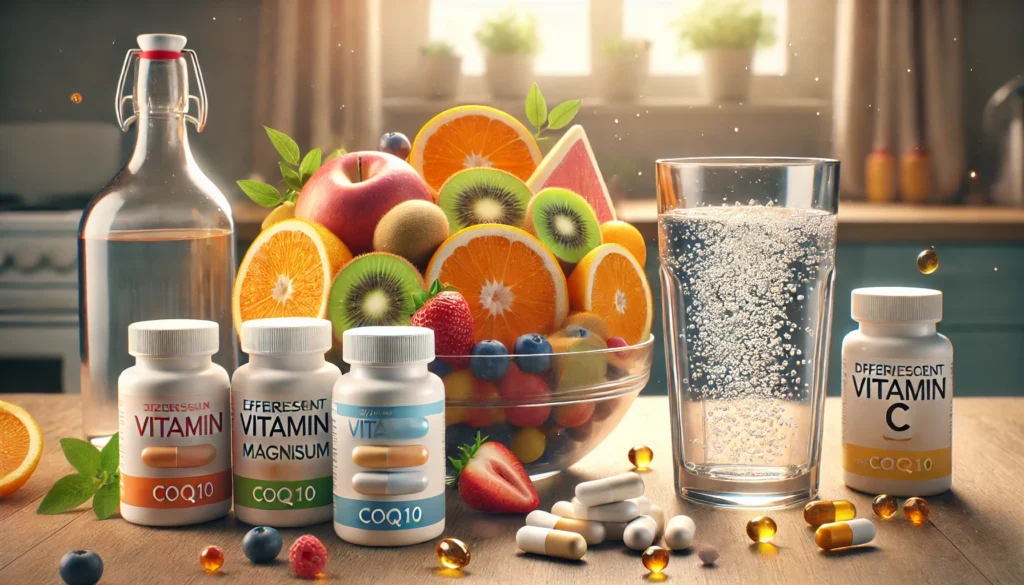 A vibrant scene featuring a glass of water with dissolving effervescent vitamin C, a bowl of fresh fruits like oranges, kiwis, and berries, alongside neatly arranged supplement bottles and softgel capsules for key nutrients such as zinc, magnesium, and CoQ10, set on a wooden kitchen countertop.