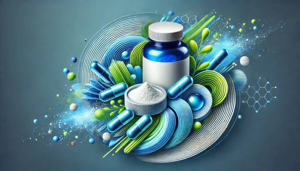  "A modern and vibrant depiction of magnesium supplements in capsule and powder form, surrounded by abstract blue and green health-themed elements, symbolizing vitality and wellness for men and women."