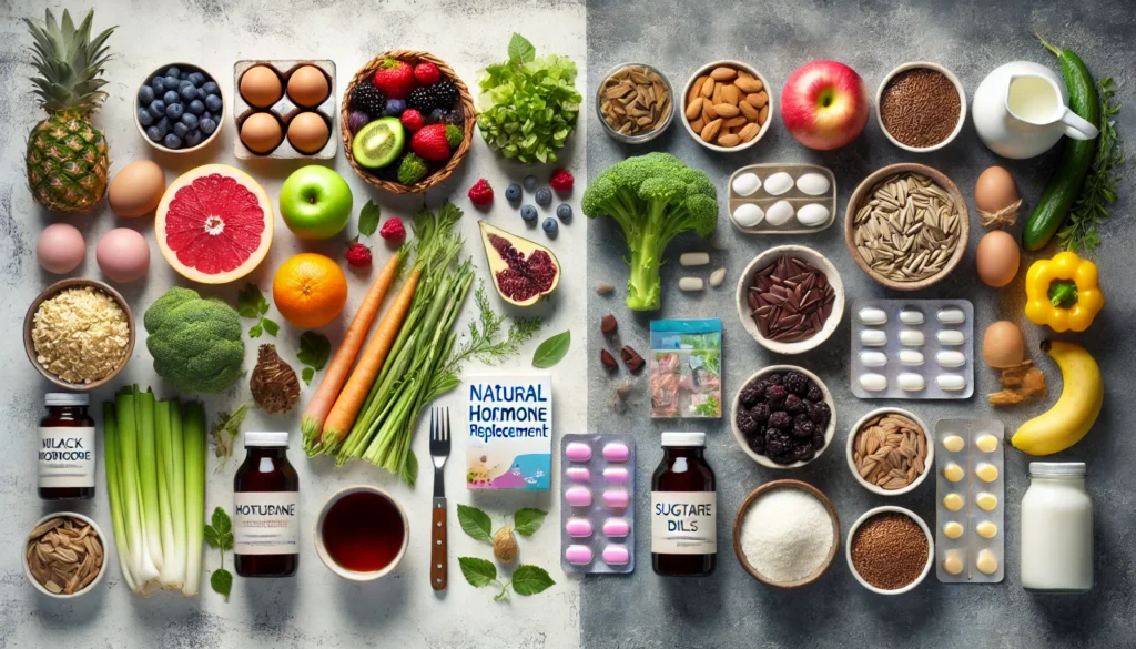 A split-screen visual comparing natural hormone replacement options for menopause; one side showcases fresh produce, herbal teas, and supplements, while the other displays processed foods, sugary drinks, and synthetic hormone pills, illustrating what to embrace and what to avoid.