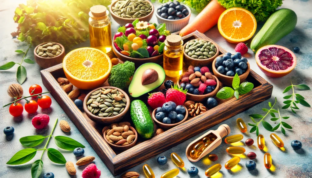  A vibrant display of perimenopause-friendly foods and supplements on a wooden tray, including nuts, seeds, berries, leafy greens, omega-3 soft gels, and vitamin D capsules, illuminated by natural light.