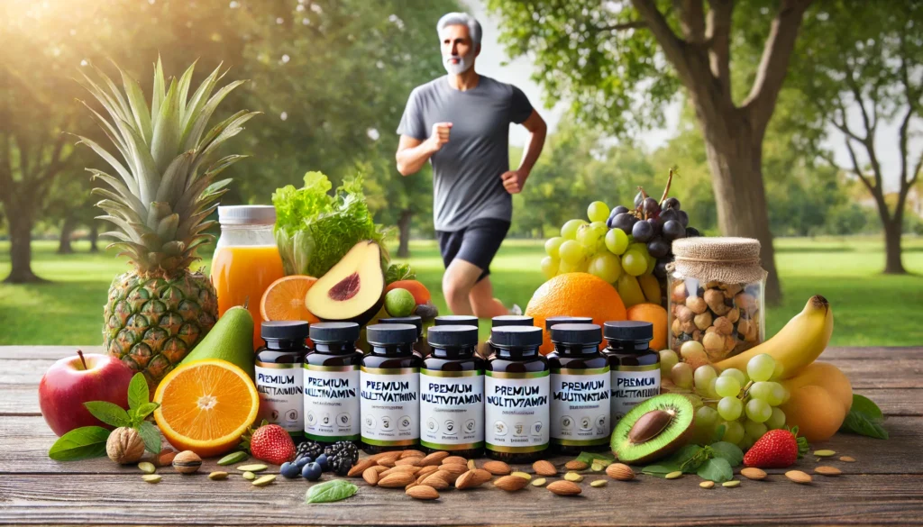 A vibrant health-focused scene featuring premium multivitamin bottles surrounded by fresh fruits, nuts, and leafy greens, with a middle-aged man jogging in a park, symbolizing wellness and active aging.