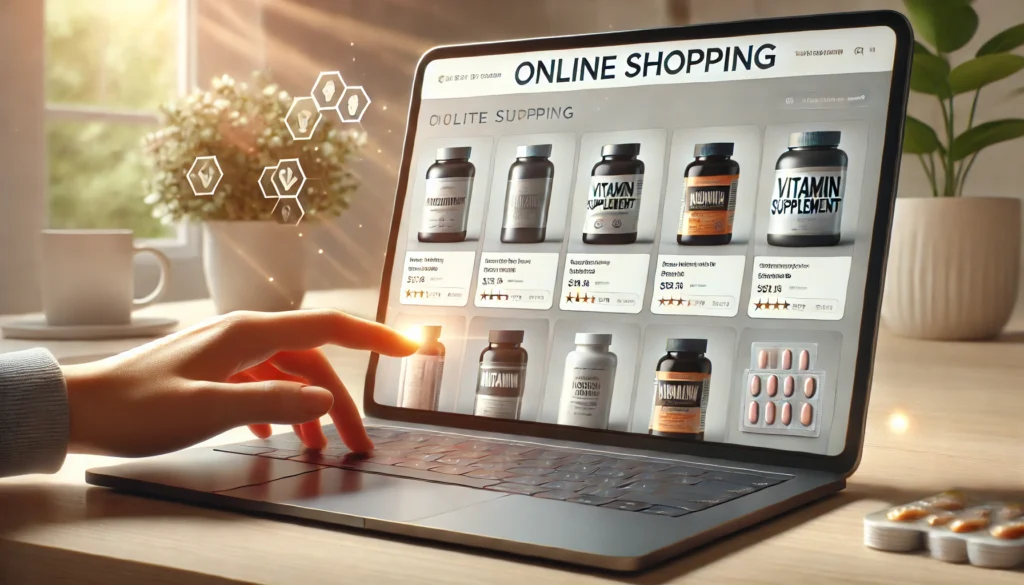 A sleek laptop screen showcasing an online shopping interface for vitamins and supplements, with a hand navigating through detailed product options, highlighting convenience and informed purchasing decisions.