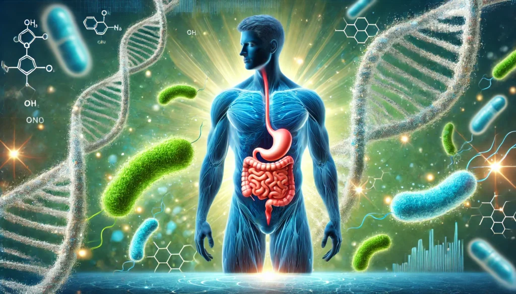 A concept art representation of probiotics and gut health for men, showcasing a healthy digestive system encircled by microscopic beneficial bacteria in blue and green hues, with DNA strands and molecular structures in the background.