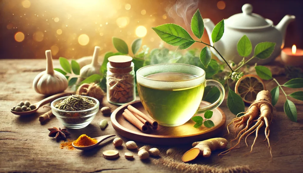 A steaming cup of green tea surrounded by fresh herbal ingredients such as ginseng, turmeric, and cinnamon, symbolizing their role in supporting metabolism and hormone balance for perimenopausal women.