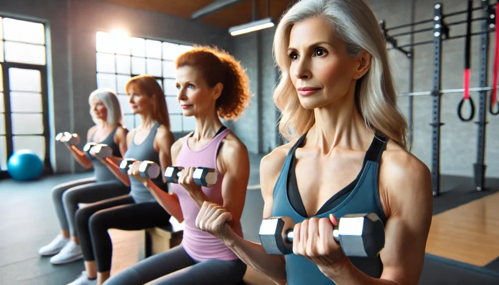 A group of middle-aged women lifting dumbbells in a bright gym, demonstrating strength training as a key strategy for losing menopause belly fat and maintaining muscle mass.