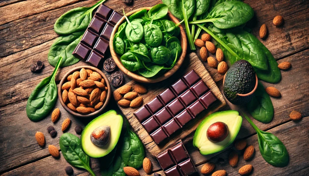 A rustic wooden table filled with magnesium-rich foods, including fresh spinach, almonds, avocados, and dark chocolate. The vibrant colors and rich textures emphasize the importance of a magnesium-rich diet for overall wellness.