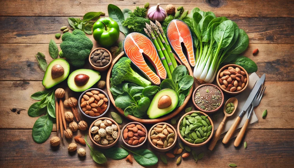 A vibrant display of hormone-supporting foods, including avocados, nuts, seeds, leafy greens, and salmon, arranged on a wooden table.