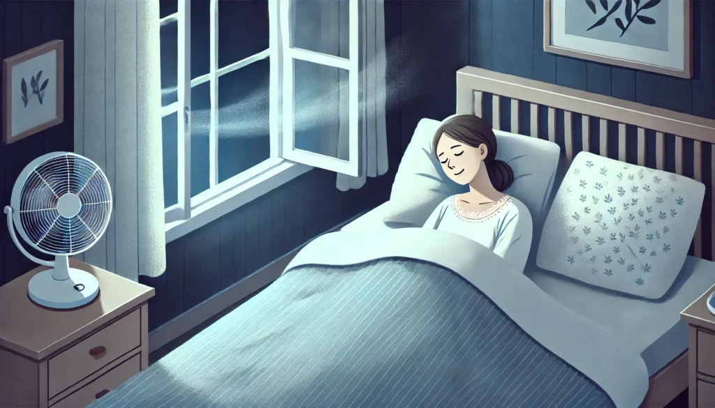 A cozy bedroom scene of a middle-aged woman sleeping peacefully with a cool night breeze flowing through an open window. The soft moonlight highlights relief from night sweats and improved sleep quality.