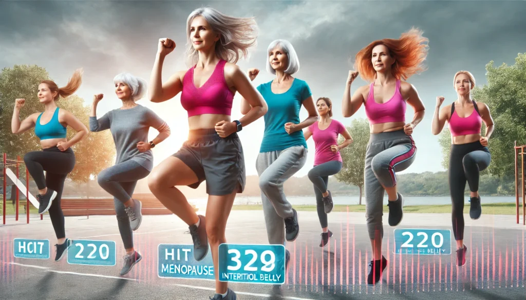 A group of middle-aged women engaged in a high-intensity interval training (HIIT) session in a park, demonstrating dynamic movements like squats and lunges to enhance metabolic function and reduce belly fat.