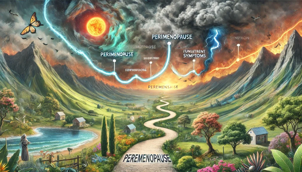  A scenic winding path through different weather conditions, symbolizing the unpredictable duration and stages of perimenopause, with varied landscapes reflecting hormonal fluctuations.