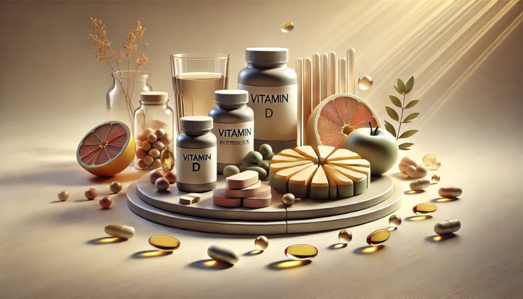 A modern countertop with essential vitamin supplements for men, featuring vitamin D, B-complex, vitamin C, and omega-3 capsules. The setting includes a glass of water and fresh fruit, symbolizing a balanced and healthy daily routine.