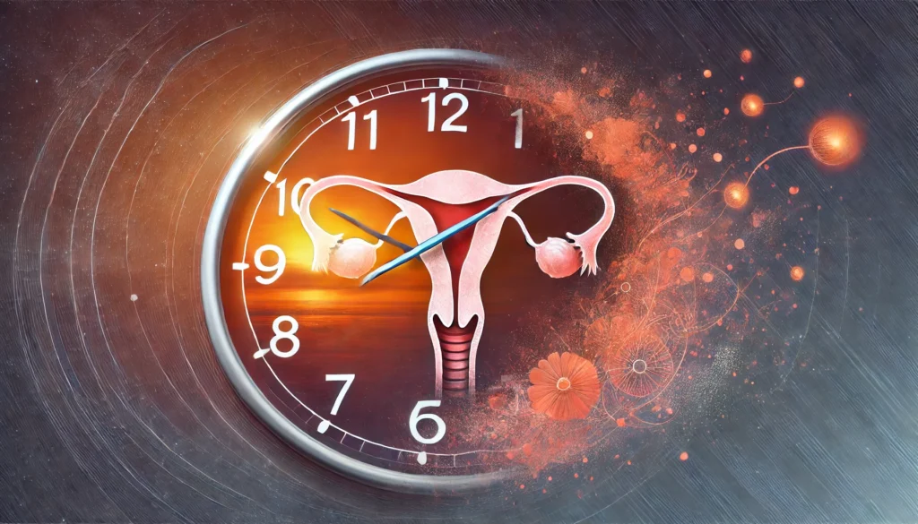 A surreal depiction of a clock with a fading menstrual cycle overlay, symbolizing the unpredictability of menstruation during menopause. The background features warm sunset tones, representing the transition into a new phase of life. The image conveys the way periods may stop suddenly or gradually due to hormonal fluctuations.