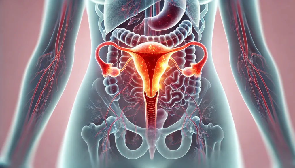  A detailed medical illustration of a female torso showing internal organs, with the uterus and ovaries highlighted in a red glow to represent pain and cramps related to post-menopausal discomfort. The background remains soft and neutral to emphasize the anatomical structures.