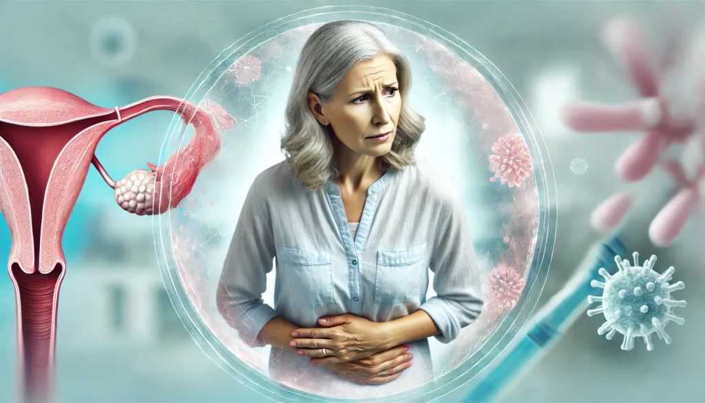 A conceptual image of a middle-aged woman appearing concerned while holding her lower abdomen, symbolizing vaginal health concerns after menopause.