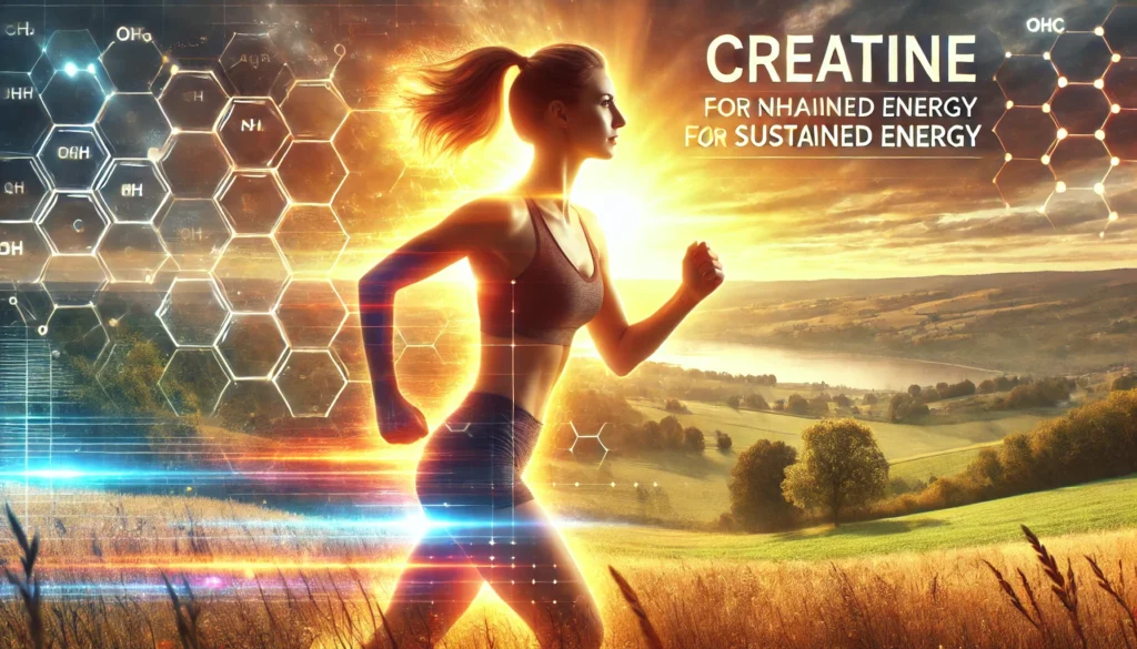 A vibrant woman jogging outdoors at sunrise, symbolizing enhanced energy and endurance. The golden sky and scenic landscape reinforce vitality, stamina, and the role of creatine in sustaining long-term energy.