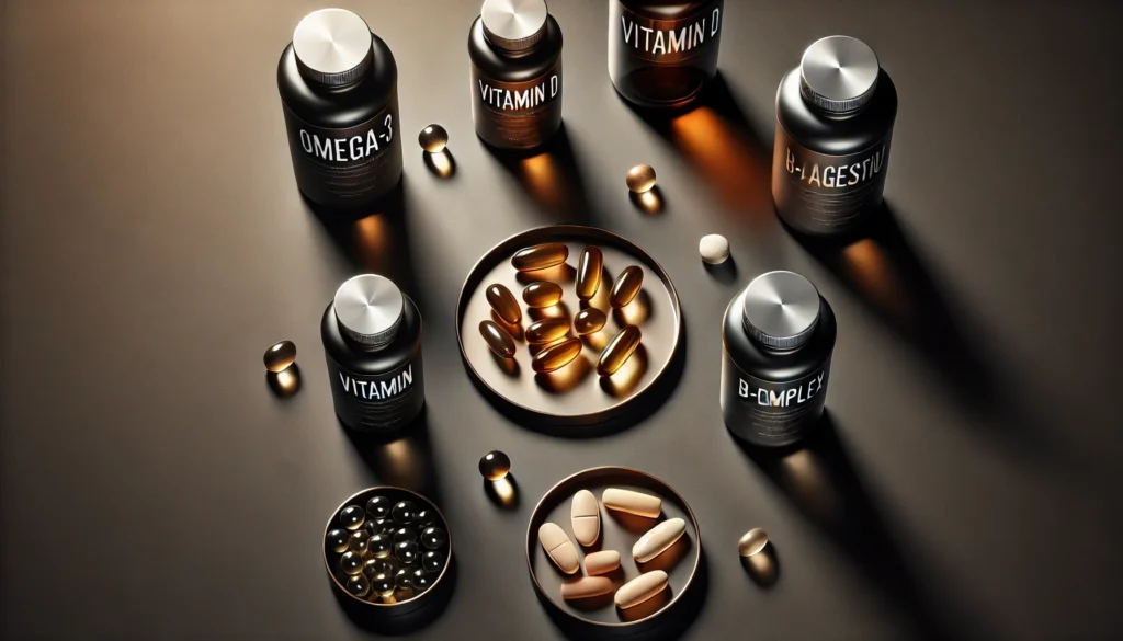 A sleek, professional flat-lay of high-quality supplement bottles, including Omega-3, Vitamin D, Magnesium, B-Complex, and Zinc, arranged on a dark background for a modern health-focused aesthetic.