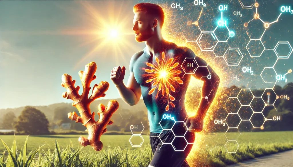 A fit and athletic man jogging outdoors in the morning sun, overlaid with glowing ginger roots and molecular structures, symbolizing the connection between ginger and testosterone support.