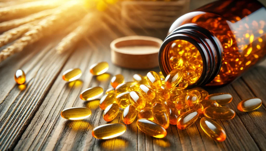 A close-up of golden fish oil capsules spilling from a bottle onto a wooden table, illuminated by natural light, emphasizing purity and quality.