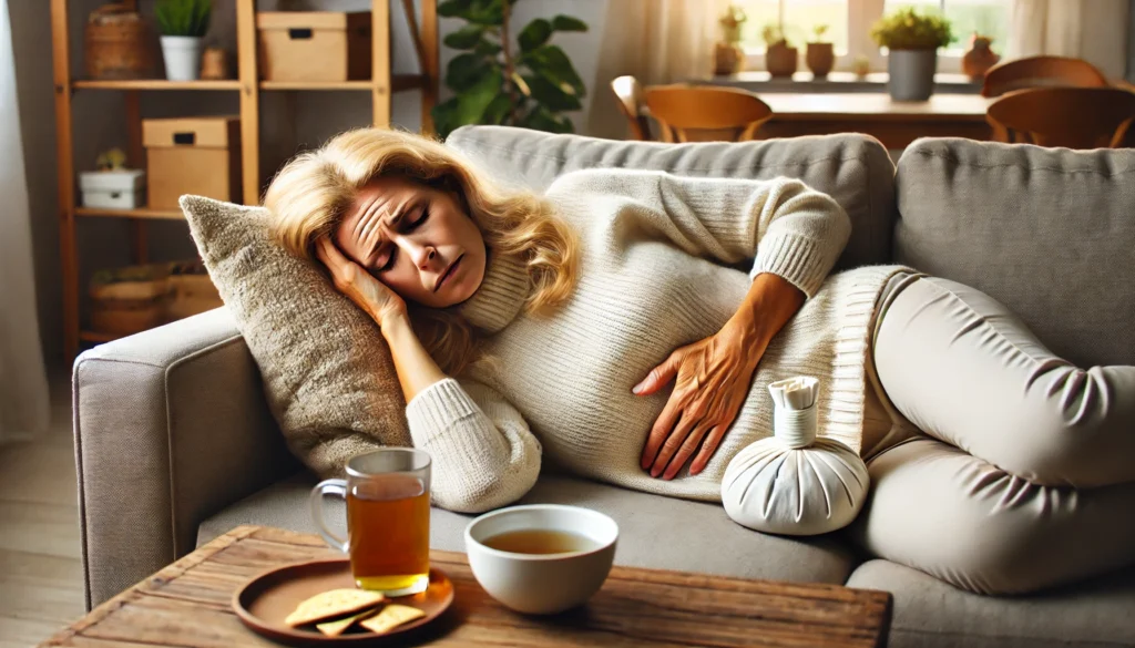  A middle-aged woman lies on a couch, appearing unwell with nausea. She holds her stomach with one hand while the other rests on a cool compress against her forehead. A cup of herbal tea and a small bowl of crackers sit on a nearby table, symbolizing natural remedies for nausea relief. The room is softly lit, creating a cozy, homey ambiance.