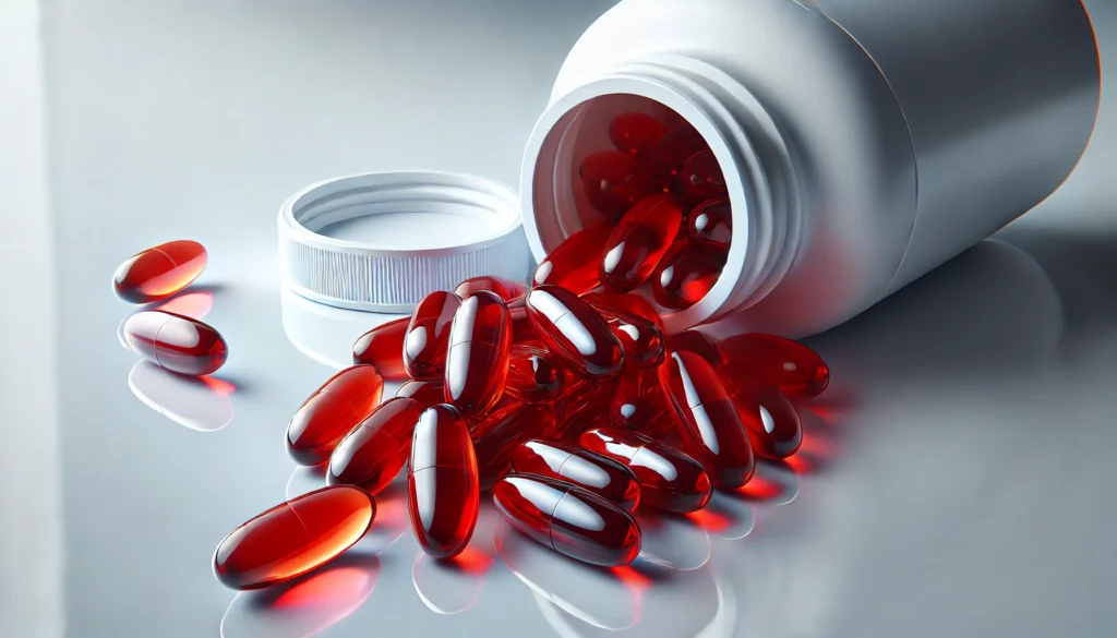 A close-up of red, soft gel lycopene supplement capsules spilling out of a white bottle onto a reflective surface, highlighting their purity, potency, and high-quality formulation.