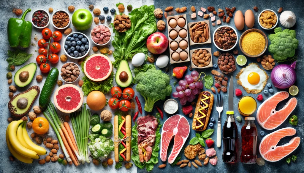 A visual contrast of healthy and unhealthy foods for menopause, with one side showcasing fresh vegetables, lean proteins, nuts, and fruits, while the other side displays processed foods, sugary snacks, and fried items.