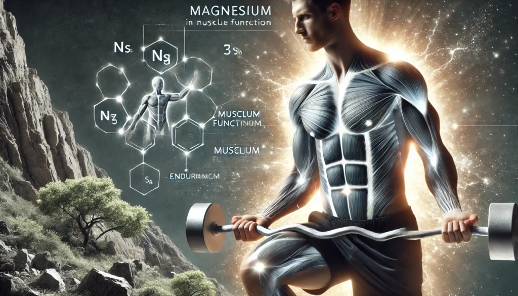 A powerful fitness scene of a muscular man performing strength training exercises, with a glowing aura subtly emphasizing his muscles, set against a natural backdrop, representing magnesium’s role in muscle function and endurance.