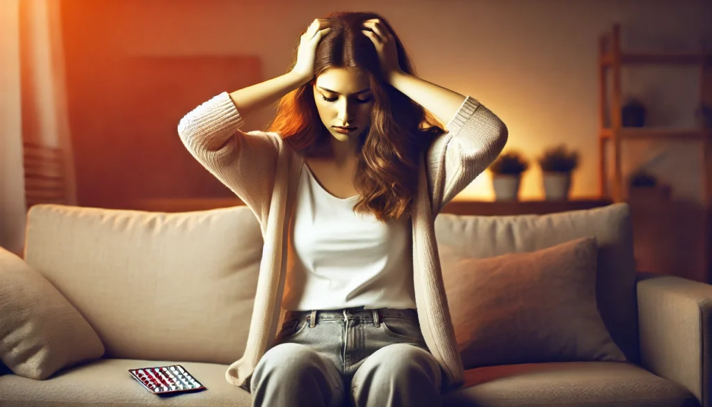 A young woman sits on a couch, holding her head with a stressed expression, symbolizing mood swings and emotional changes after stopping birth control. The setting features a softly lit living room with warm tones, highlighting her feelings of frustration and uncertainty.