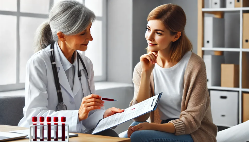 A middle-aged woman sits in a doctor's office, attentively listening to a healthcare professional who is pointing at a blood test report. The medical setting appears professional and reassuring, emphasizing the importance of hormone testing and discussions about menopause.