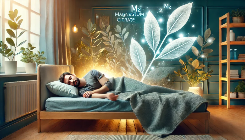 A peaceful nighttime scene of a man sleeping soundly in a cozy bedroom, representing magnesium citrate’s role in promoting relaxation and better sleep.