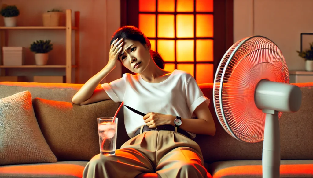 A woman sitting on a couch at home, looking frustrated and overheated as she experiences a hot flash. She is holding a cold drink against her forehead while a fan blows air toward her. The room has a warm, reddish-orange glow to symbolize heat and discomfort.