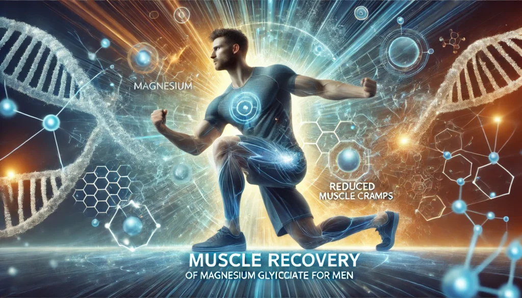 A dynamic illustration of a muscular man stretching or lifting weights, surrounded by glowing energy lines representing muscle recovery and reduced cramps from magnesium glycinate. The background includes abstract magnesium molecules and muscle fibers in vibrant blue and orange tones.