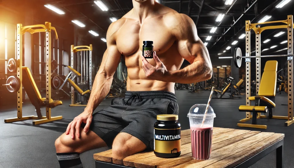 A fitness-focused scene featuring a muscular man in athletic wear holding a bottle of multivitamins in a gym setting with workout equipment and a protein shake, symbolizing strength and recovery.