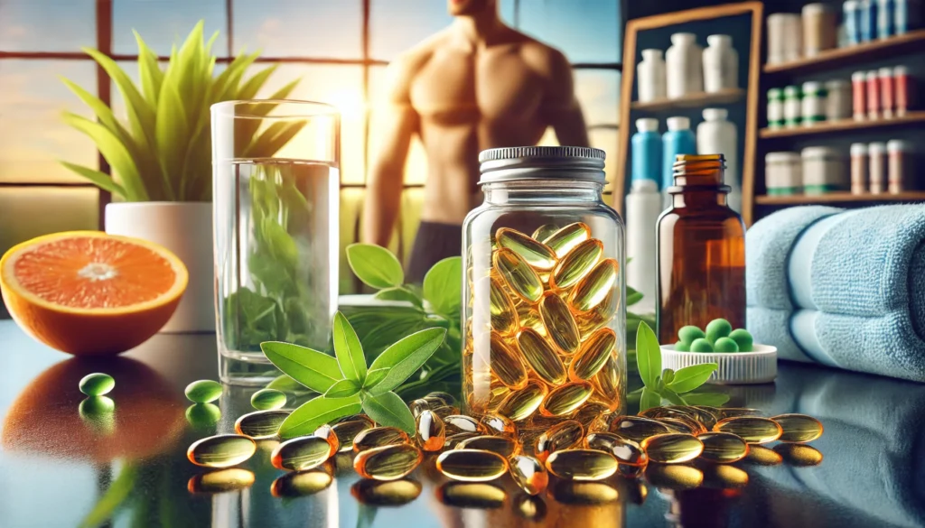 Omega-3 softgel capsules arranged neatly on a reflective surface with a blurred background featuring a glass of water, a bottle of supplements, and fresh green leaves, symbolizing daily wellness and heart health.