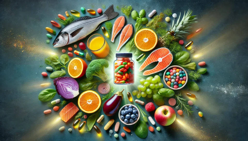 A dynamic display of multivitamin capsules and tablets in various natural colors, arranged alongside fresh ingredients such as oranges, fish, and leafy greens, highlighting their nutritional sources.