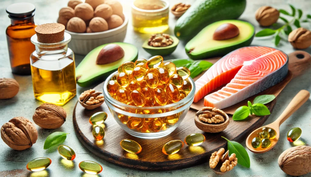 A close-up of a glass bowl filled with fish oil capsules, surrounded by fresh salmon, avocado, and walnuts, emphasizing the importance of omega-3 fatty acids for heart and brain health in women over 40.