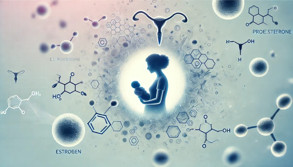 An artistic representation of hormonal fluctuations, with estrogen and progesterone molecules floating around a mother holding her baby.