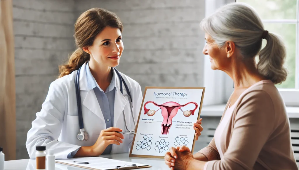  A professional medical setting where a female doctor discusses hormone therapy with a middle-aged woman, explaining hormonal changes in a warm and reassuring environment.